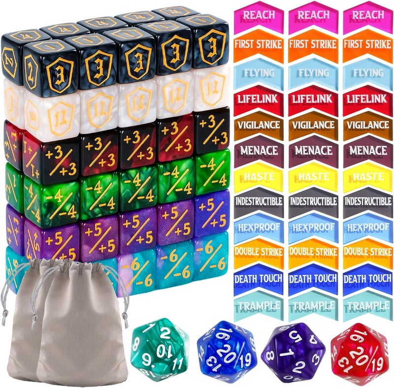 Ravonixis 100 Pieces MTG Dice Keyword Counter Set Life Counter Game Tokens for MTG Includes 36 Acrylic Keyword Counters +1/-1 Dice, Shield Dice, D20 Spindowns, Velvet Bags & Storage Box - Image 1